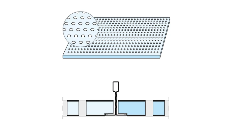Weiße Platte mit runden Löchern, Schnittdarstellung.